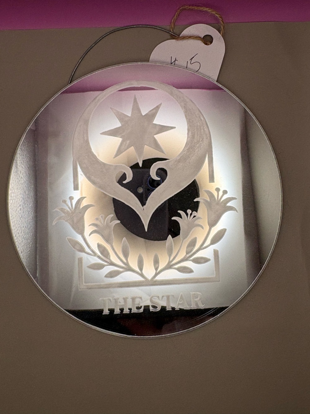 Hand Crafted Round Etched Star Wall Mirror - Clear & Pink Accent